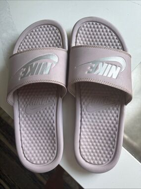 Nike Pale Pink Slides with Shiny Silver Logo